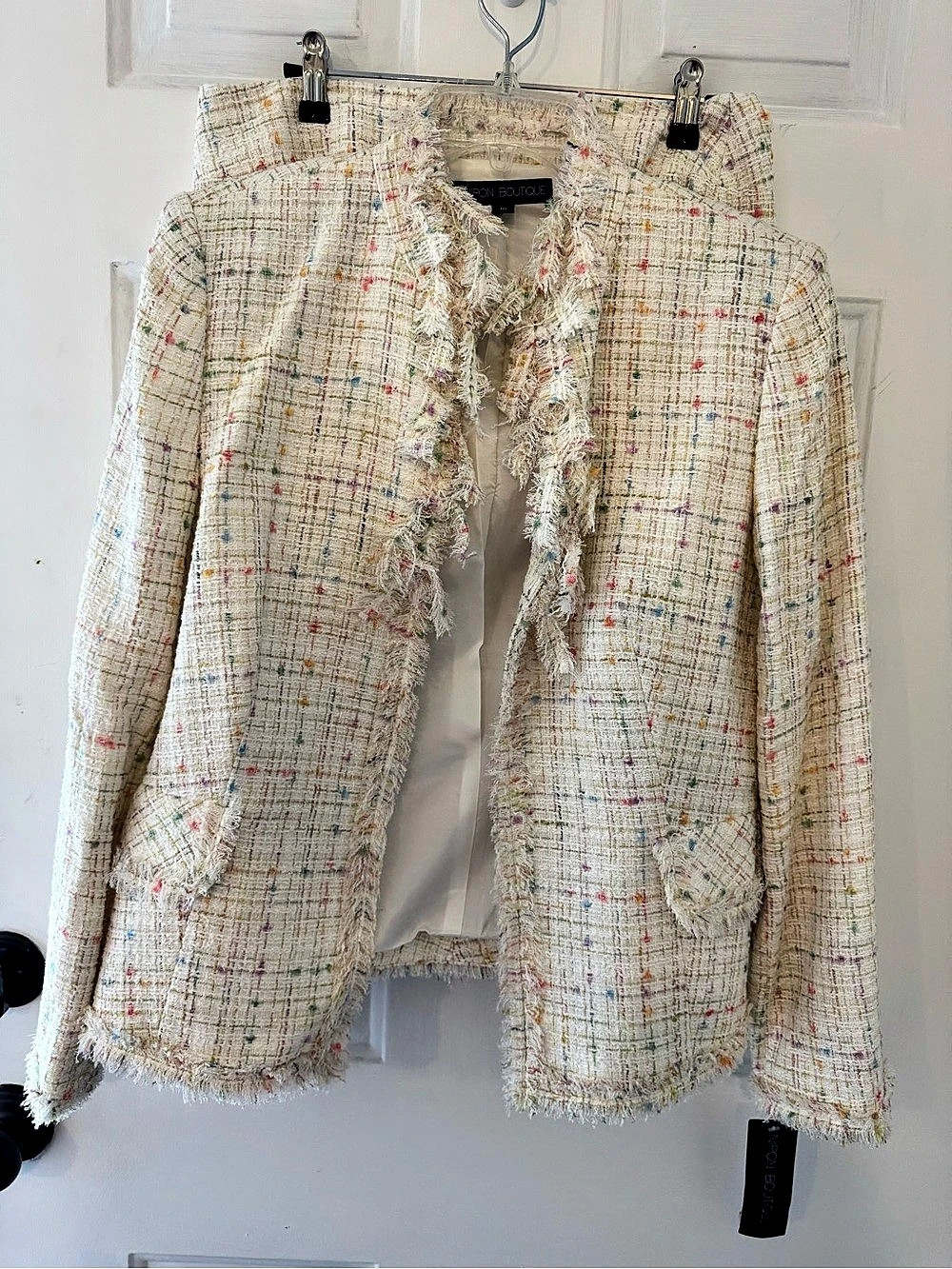 Nipon Boutique Tweed Plaid Fringe Blazer Cream & Multicolor Medium